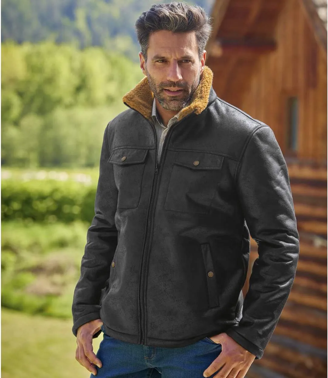 Blouson Aviateur Suédine Noir Doublé Sherpa 
