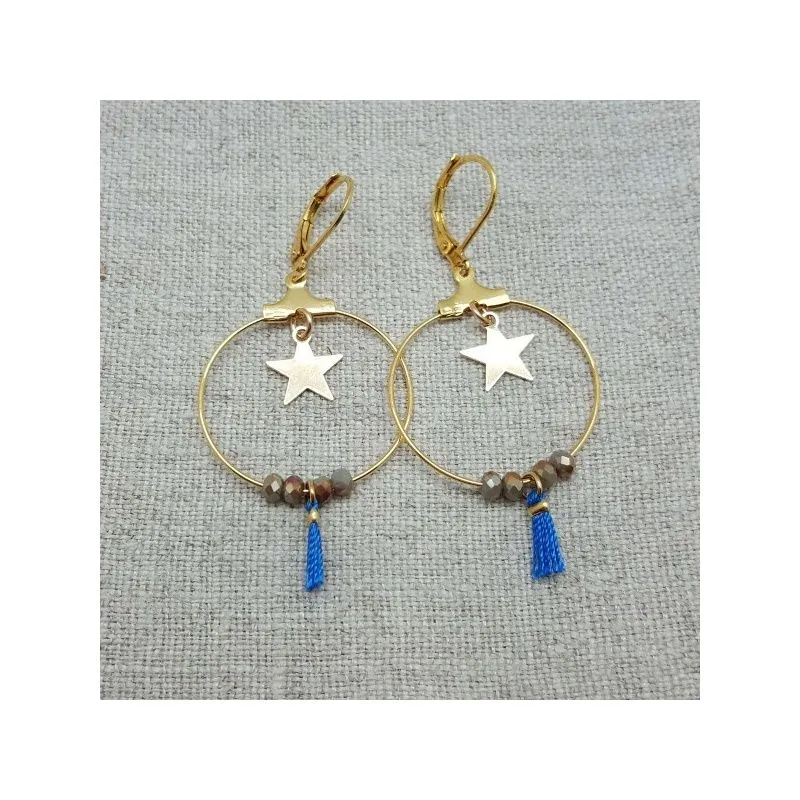Boucles d'oreilles créole avec une étoile et un pompon, clip ou percée