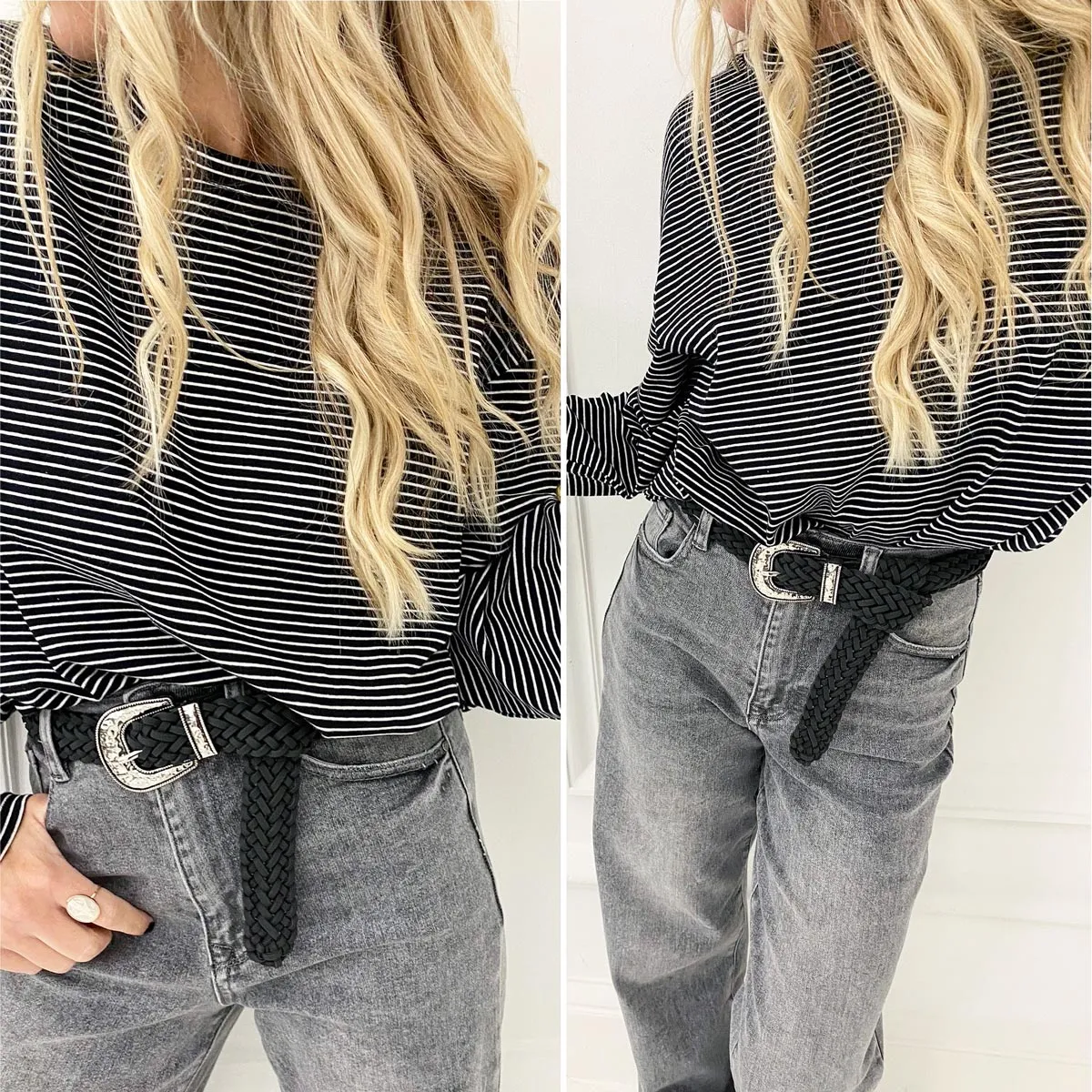 Ceinture noire tressée boucle argentée