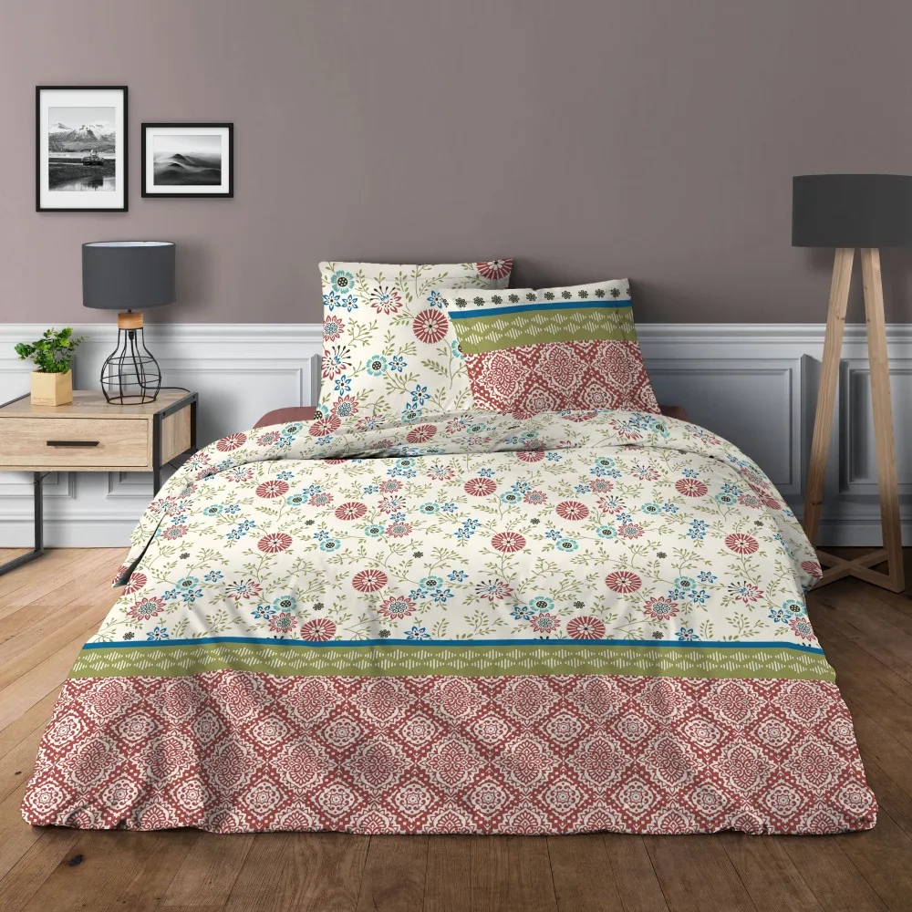 Parure de draps 4 pièces pour lit 160 x 200 cm "Grande largeur" Nature rouge 100% coton / 57 fils/cm²
