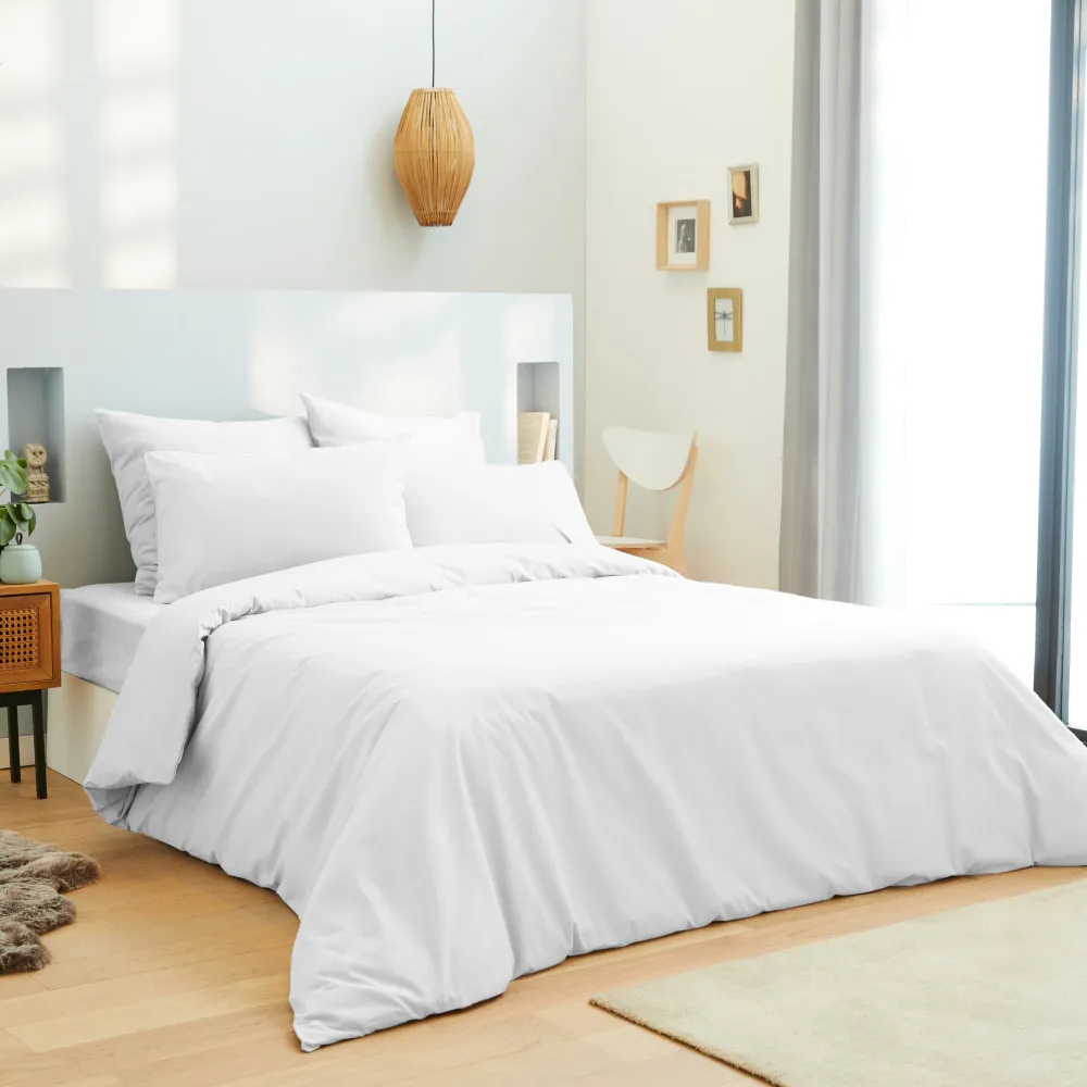 Parure de draps 4 pièces Unicolore Blanc pour lit 160 x 200 cm "Grande Largeur" 100% coton / 57 fils/cm²