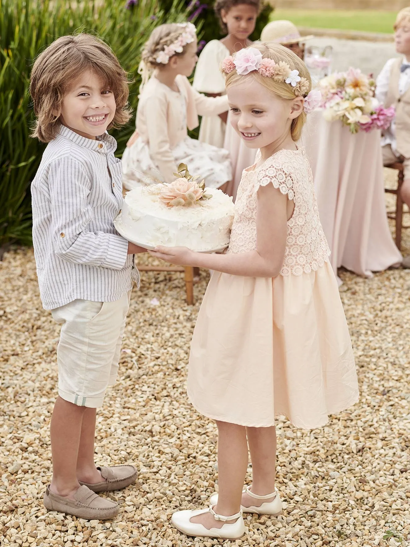 Robe de cérémonie effet 2 en 1 superposition en macramé fille rose nude - Vertbaudet