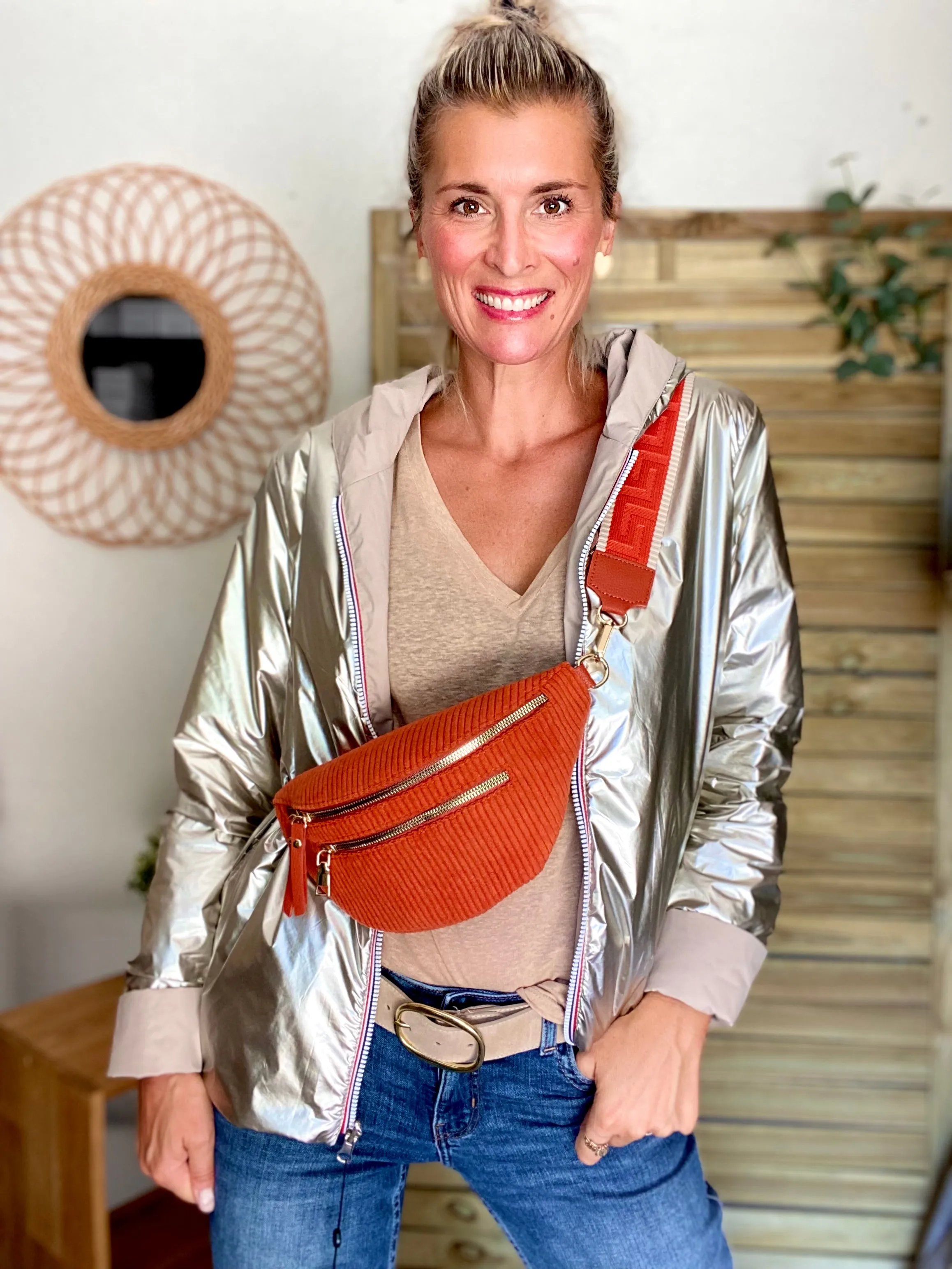 Sac banane en velours ctelé 2 zips et sangle fantaisie - CHARLY - Brique
