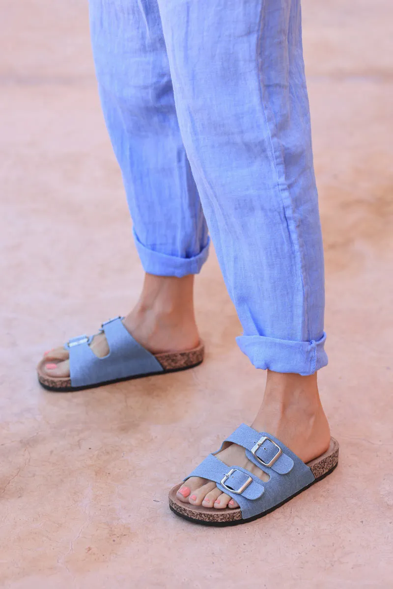 Sandales forme du pied en suédine effet jean boucles carrées