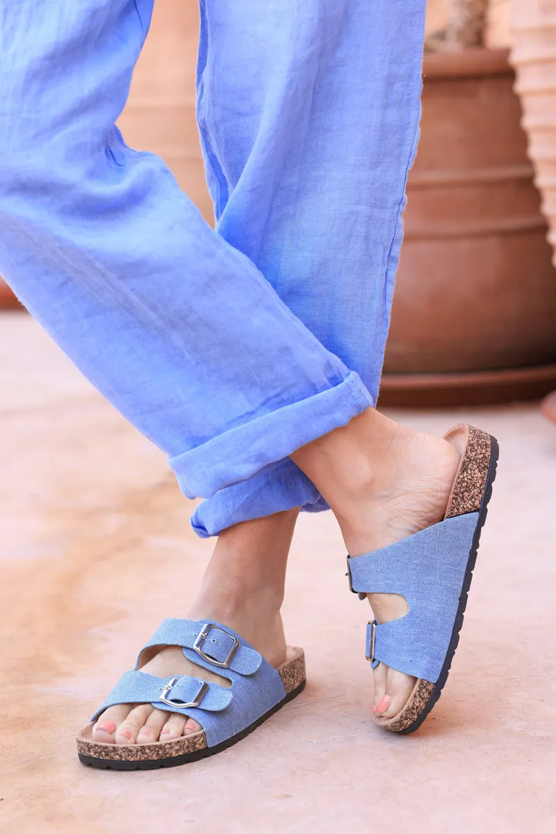 Sandales forme du pied en suédine effet jean boucles carrées