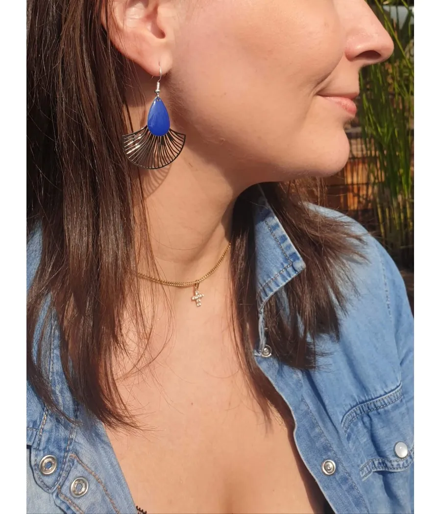 Santaïa boucles d'oreille feuille de ginkgo argentée émail bleu