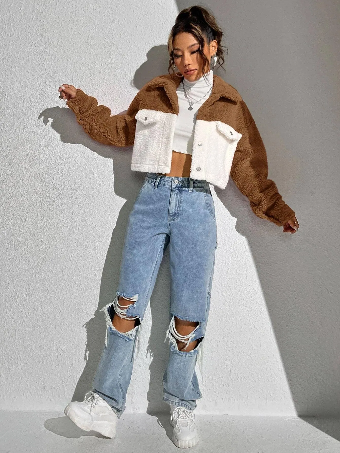 Shein Veste duveteuse bicolore court