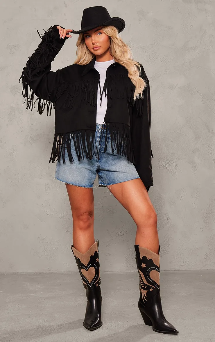 Veste en suédine noire à franges style western